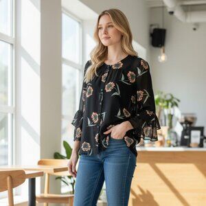 Cabi La Di Da Floral Blouse S Small Black Chiffon Bell Sleeve Top 5206 Easter